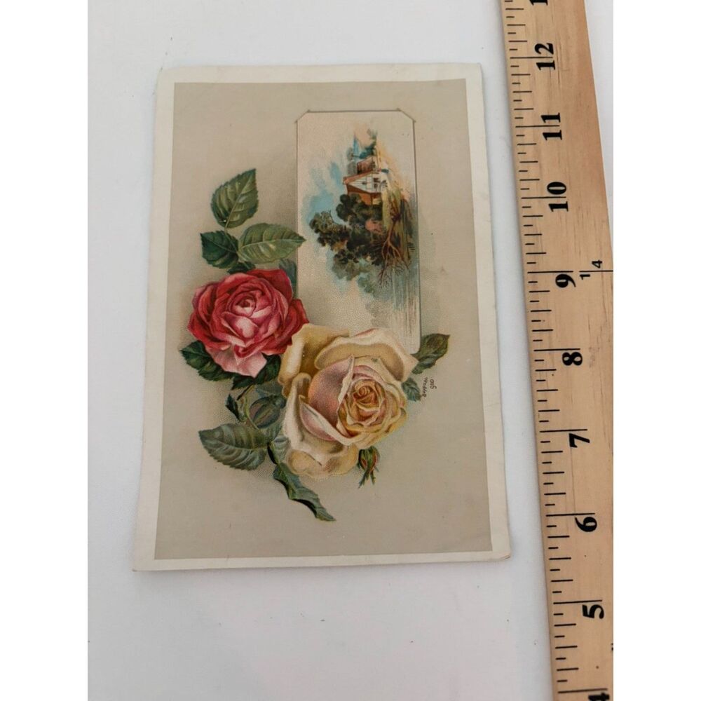 Vintage embossed postcard trade card with red yellow roses and scenic insert for